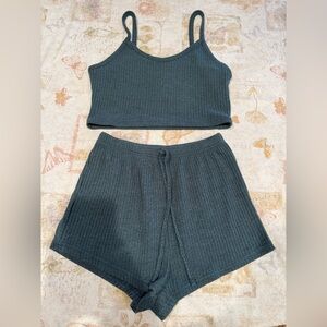 Shorty Lounge PJ Set Small Teal Gray Ribbed Knit